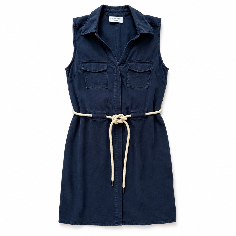 Point Zero Navy Blue Tencel Sleeveless Utility Shirtdress with Rope Belt XS